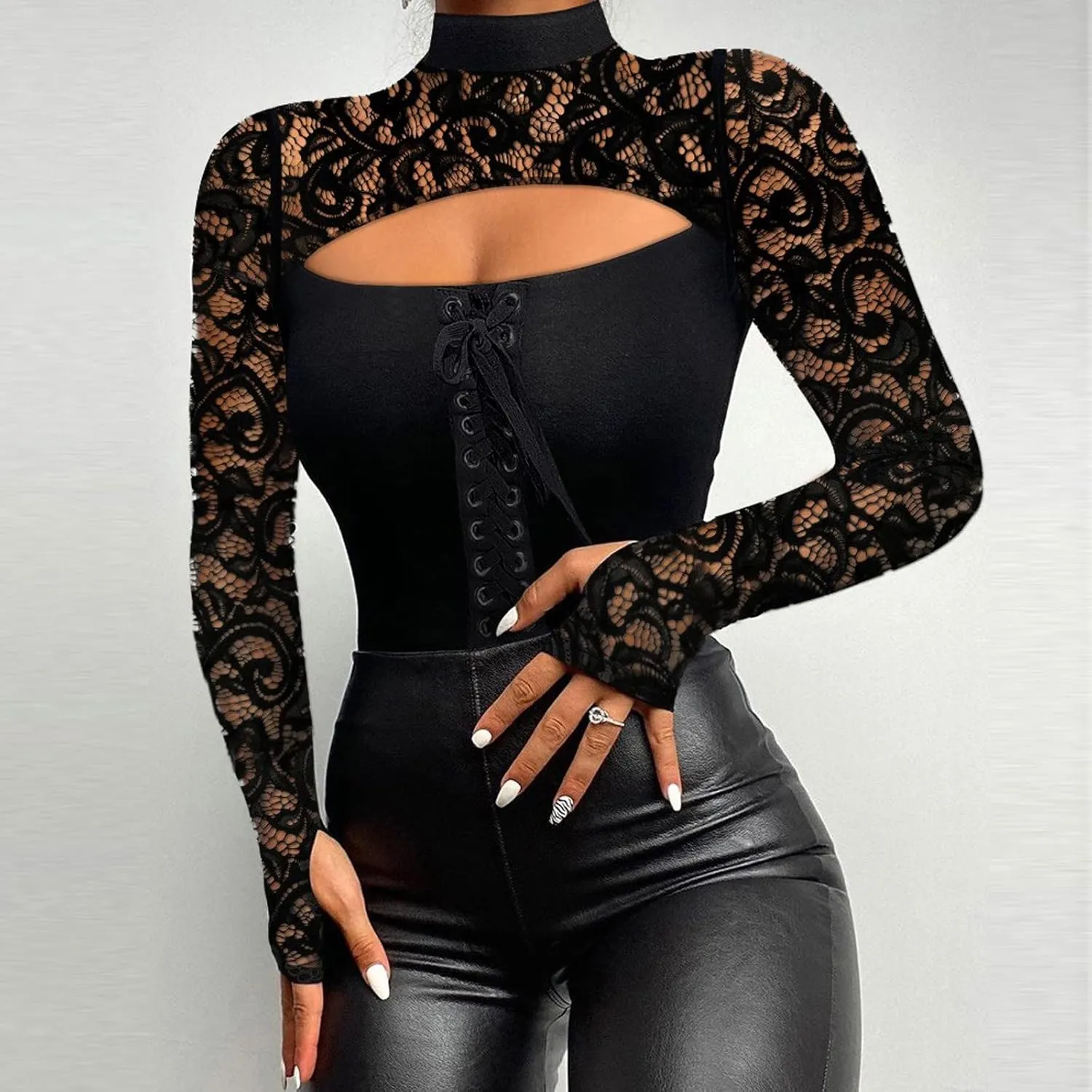 Sexy Tops for Women Long Sleeve Crop Top Turtleneck Shirt Cut Out Slim Fit Basic Tops Lace Sleeves with Thumb Hole