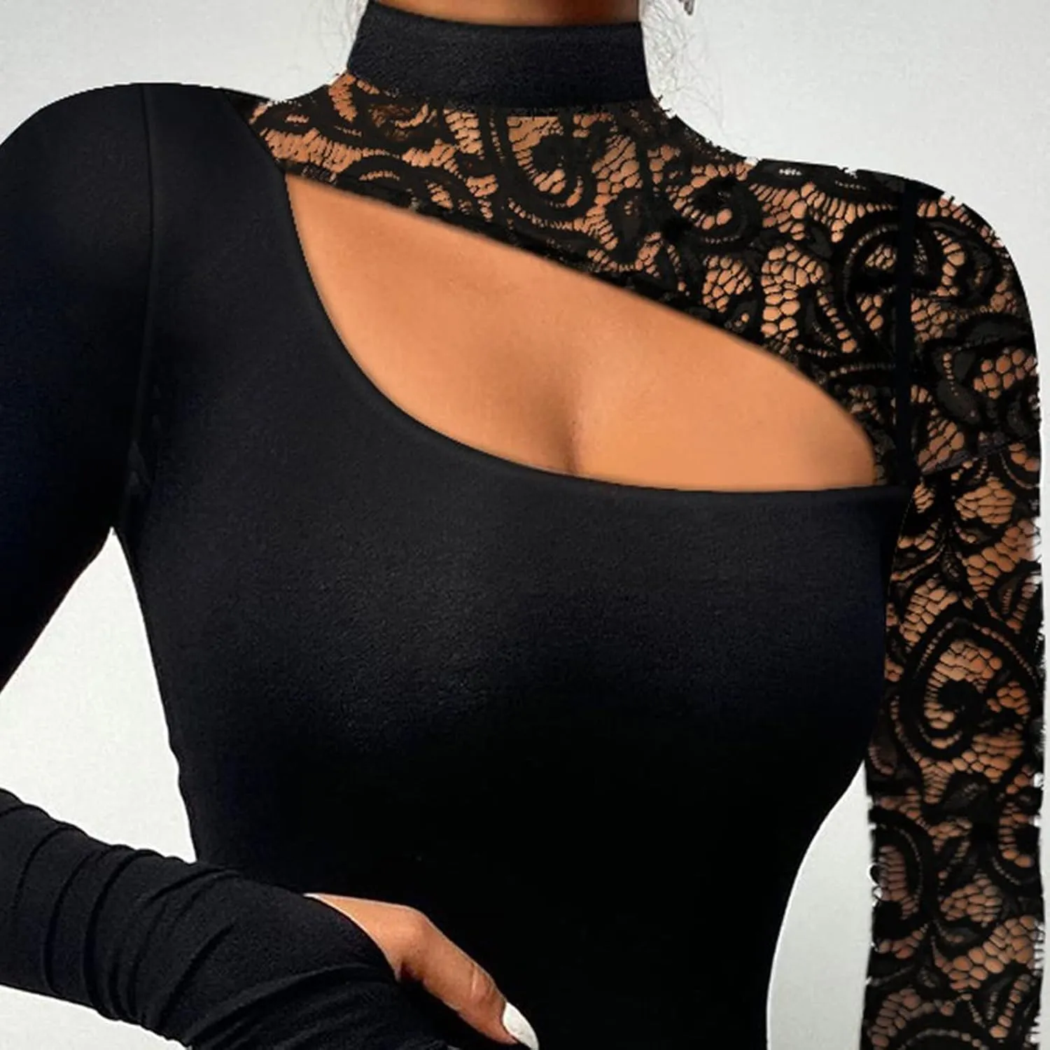 Sexy Tops for Women Long Sleeve Crop Top Turtleneck Shirt Cut Out Slim Fit Basic Tops Lace Sleeves with Thumb Hole