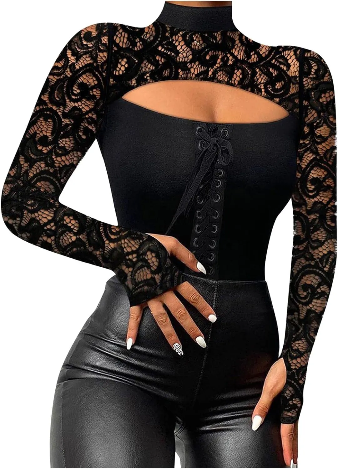 Sexy Tops for Women Long Sleeve Crop Top Turtleneck Shirt Cut Out Slim Fit Basic Tops Lace Sleeves with Thumb Hole
