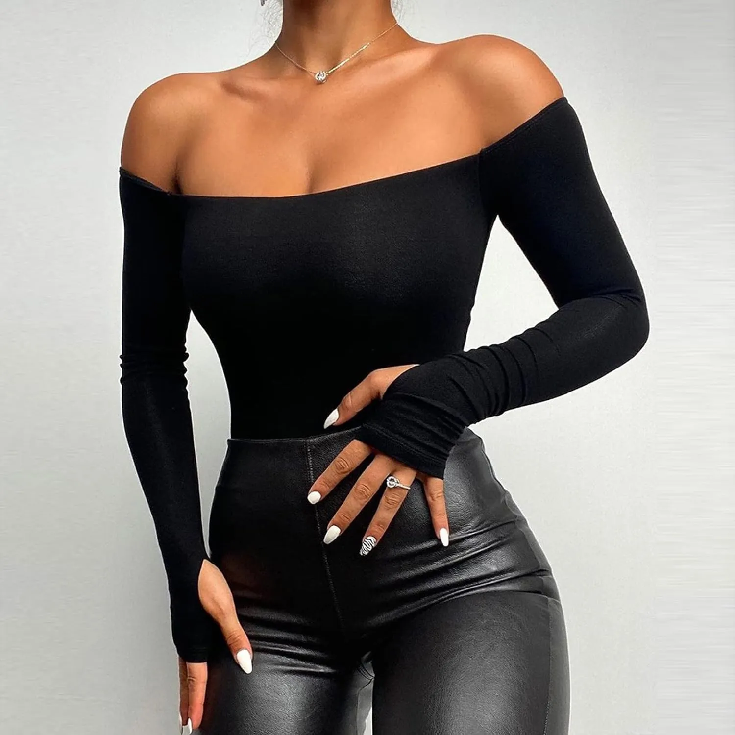 Sexy Tops for Women Long Sleeve Crop Top Turtleneck Shirt Cut Out Slim Fit Basic Tops Lace Sleeves with Thumb Hole