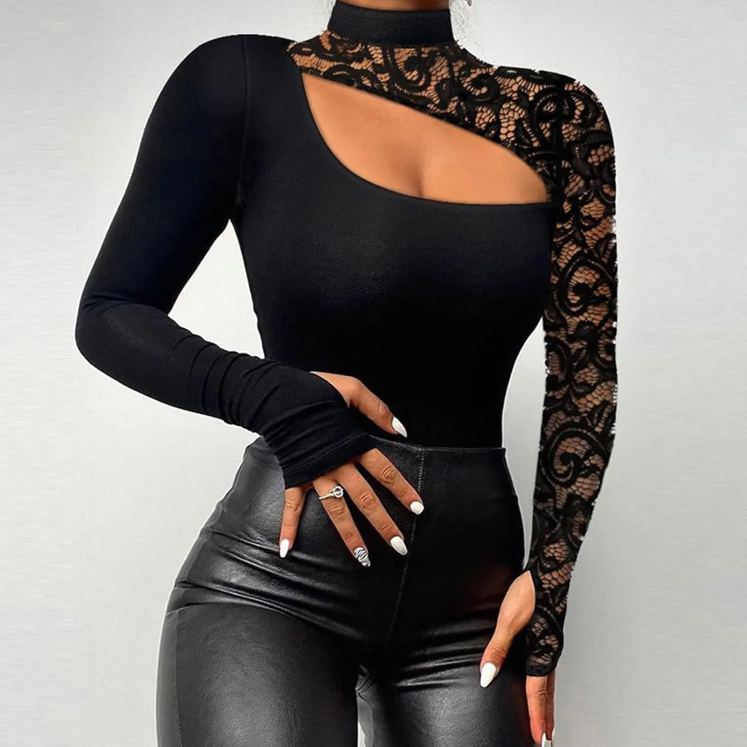 Sexy Tops for Women Long Sleeve Crop Top Turtleneck Shirt Cut Out Slim Fit Basic Tops Lace Sleeves with Thumb Hole
