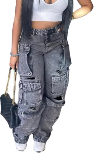 Sexyshine Women's High Waist Cargo Jeans Pants Y2K Baggy Loose Distressed Ripped Long Denim Pants with Multi Pockets