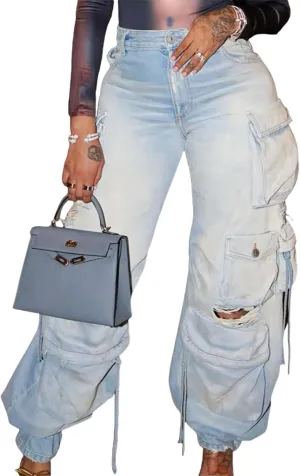 Sexyshine Women's High Waist Cargo Jeans Pants Y2K Baggy Loose Distressed Ripped Long Denim Pants with Multi Pockets