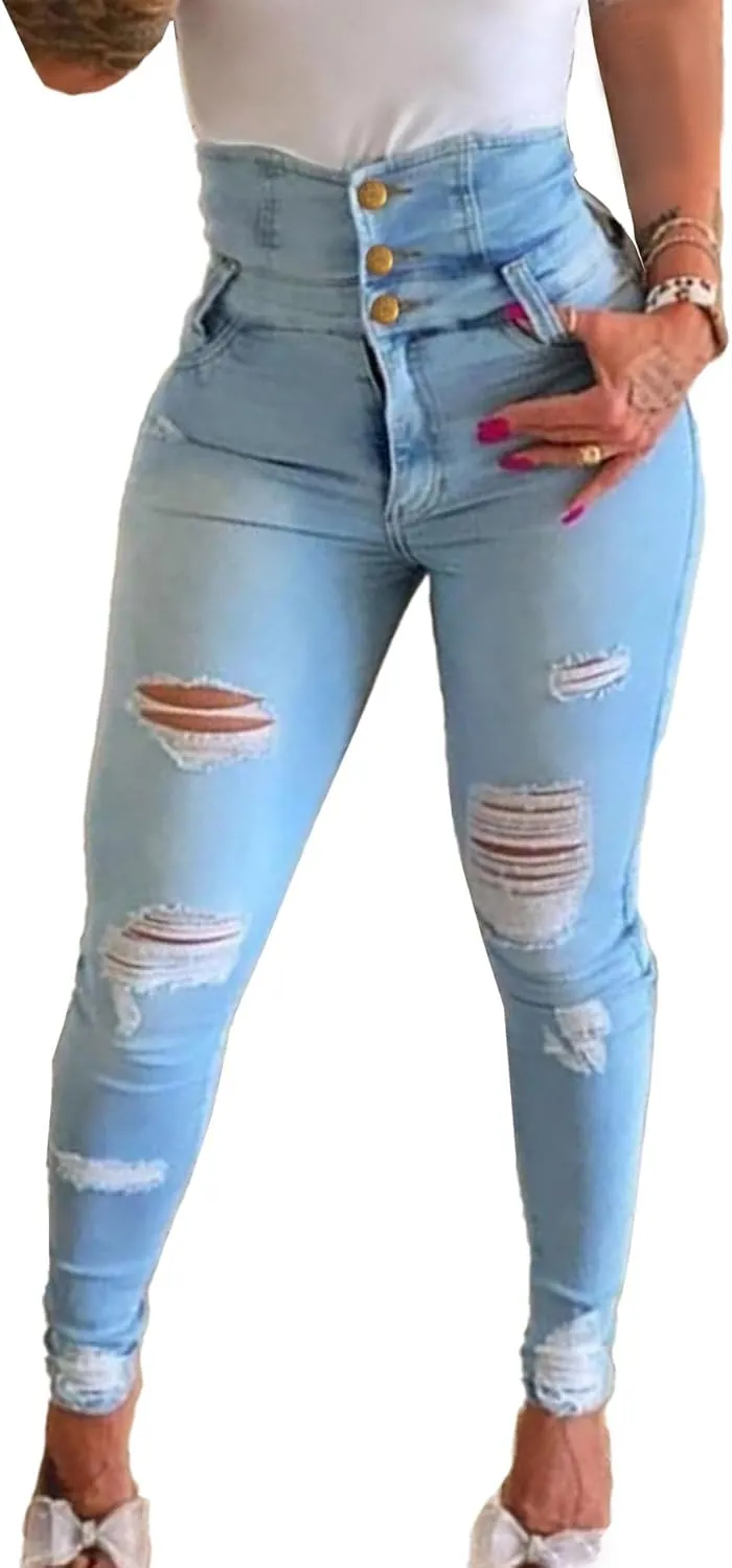 Sexyshine Women's Ripped Skinny Jeans Curvy High Waist Tummy Control Distressed Stretch Fit Long Pencil Denim Pants