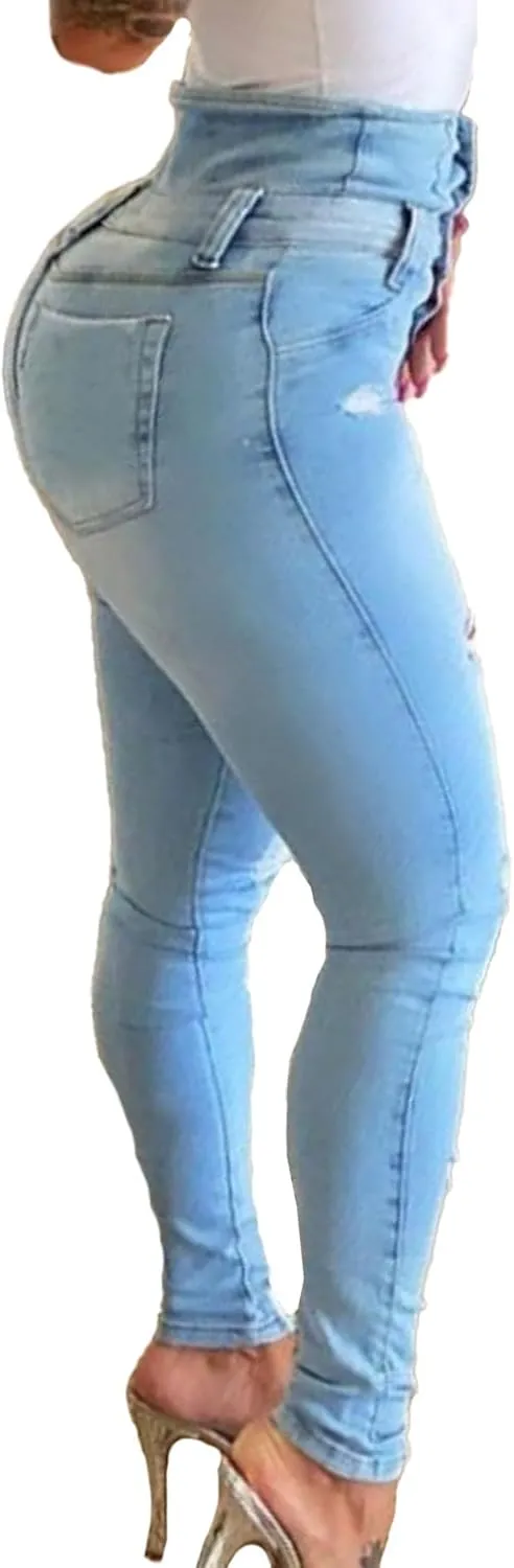 Sexyshine Women's Ripped Skinny Jeans Curvy High Waist Tummy Control Distressed Stretch Fit Long Pencil Denim Pants