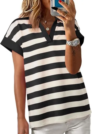 SHEWIN Womens Summer Tops Casual Short Sleeve Sweatshirt Color Block Striped Polo Shirts V Neck Pullover Tees Loose Blouses