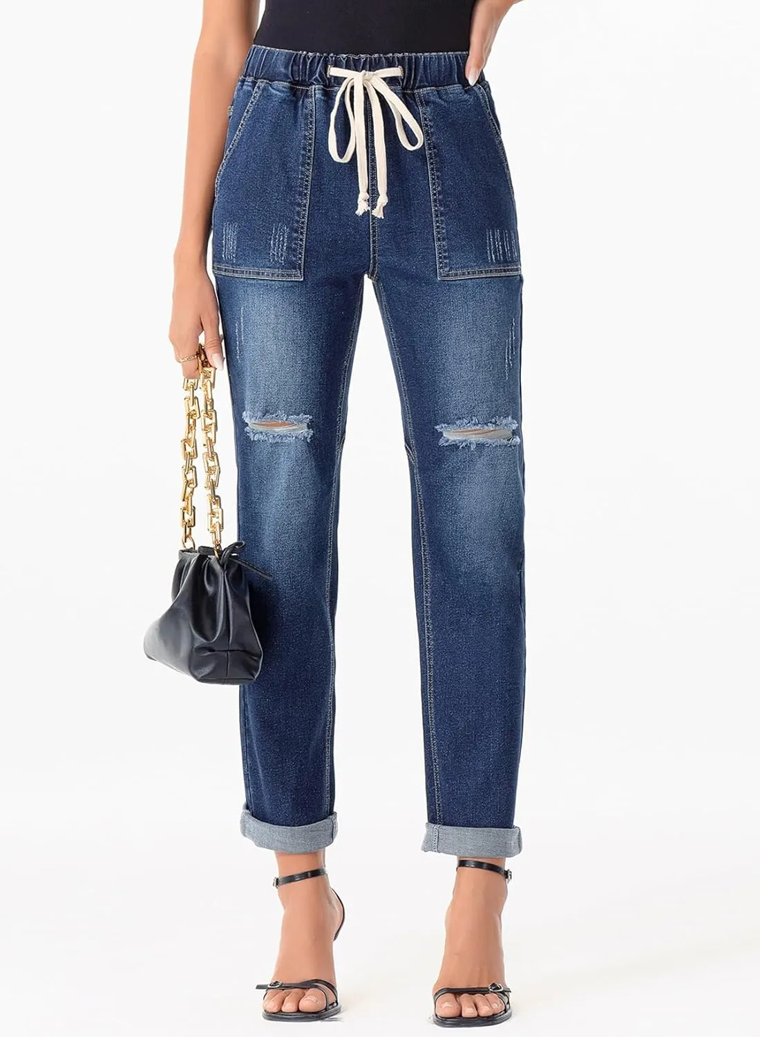 Sidefeel Women’s High Waisted Drawstring Jeans Pull On Cargo Joggers Zimbaplatinum Ripped Elastic Waist Denim Pants
