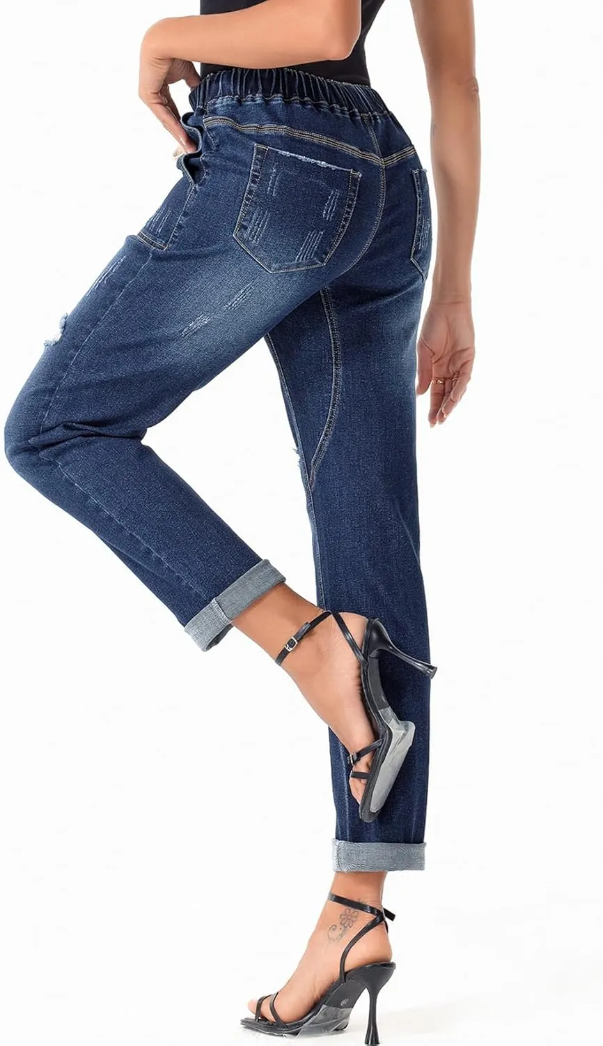 Sidefeel Women’s High Waisted Drawstring Jeans Pull On Cargo Joggers Zimbaplatinum Ripped Elastic Waist Denim Pants