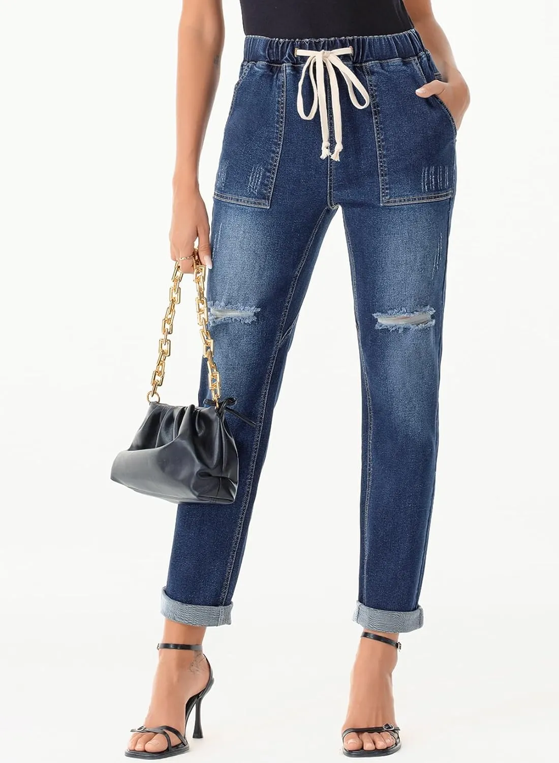 Sidefeel Women’s High Waisted Drawstring Jeans Pull On Cargo Joggers Zimbaplatinum Ripped Elastic Waist Denim Pants