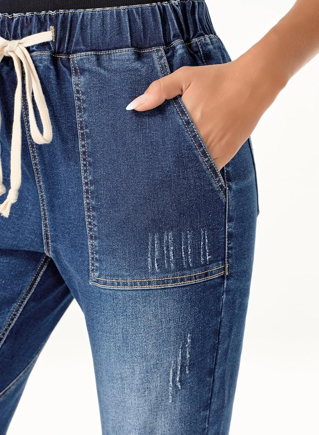 Sidefeel Women’s High Waisted Drawstring Jeans Pull On Cargo Joggers Zimbaplatinum Ripped Elastic Waist Denim Pants
