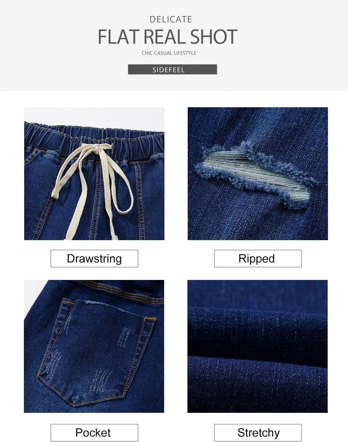 Sidefeel Women’s High Waisted Drawstring Jeans Pull On Cargo Joggers Zimbaplatinum Ripped Elastic Waist Denim Pants