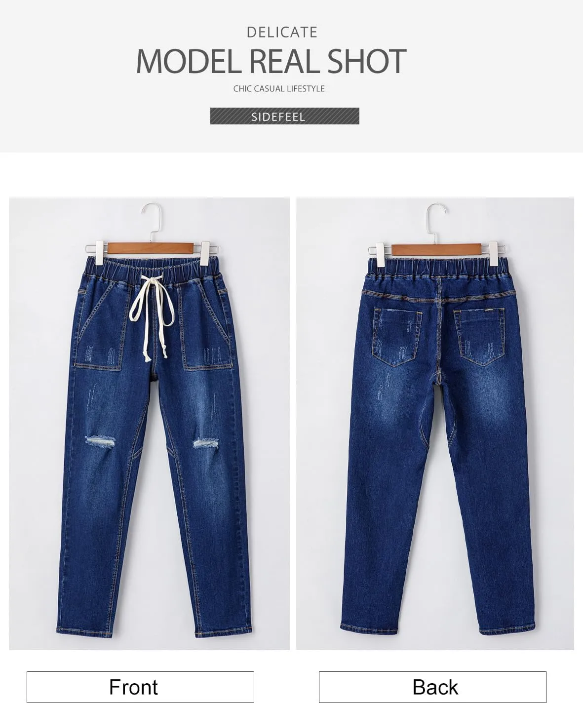 Sidefeel Women’s High Waisted Drawstring Jeans Pull On Cargo Joggers Zimbaplatinum Ripped Elastic Waist Denim Pants