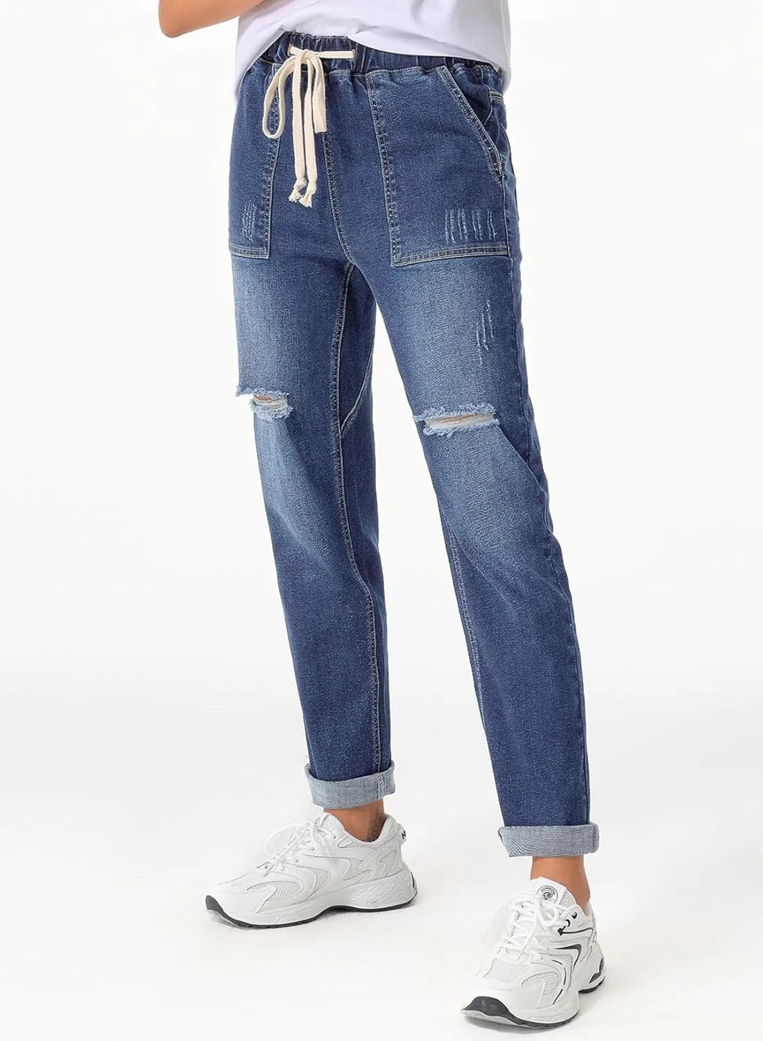 Sidefeel Women’s High Waisted Drawstring Jeans Pull On Cargo Joggers Zimbaplatinum Ripped Elastic Waist Denim Pants