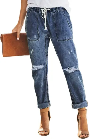 Sidefeel Women’s High Waisted Drawstring Jeans Pull On Cargo Joggers Zimbaplatinum Ripped Elastic Waist Denim Pants