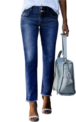 Sidefeel Women's High Waisted Jeans Strechy Spring Fashion Raw Hem Straight Leg Ankle Denim Pants with Pockets