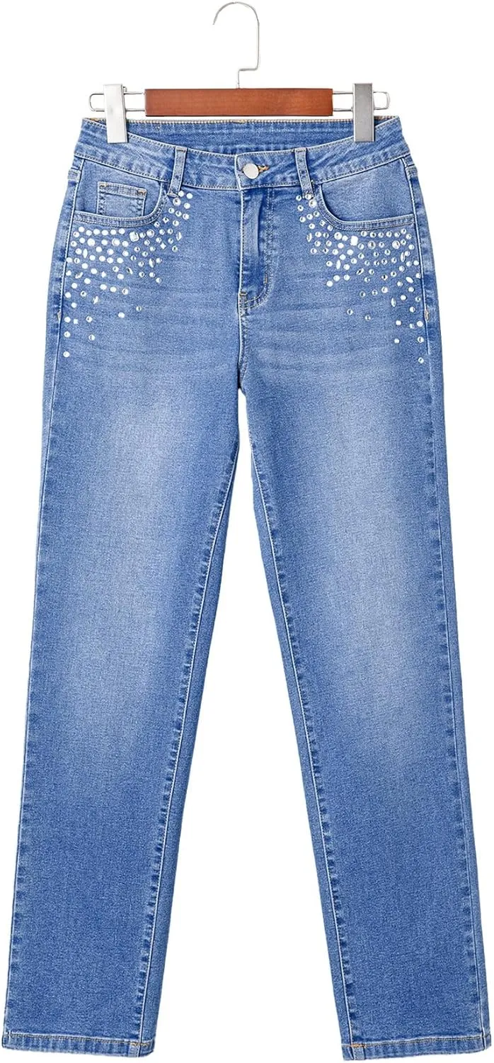 Sidefeel Women's Straight Leg Jeans High Waisted Stretchy Rhinestone Wide Leg Denim Pants