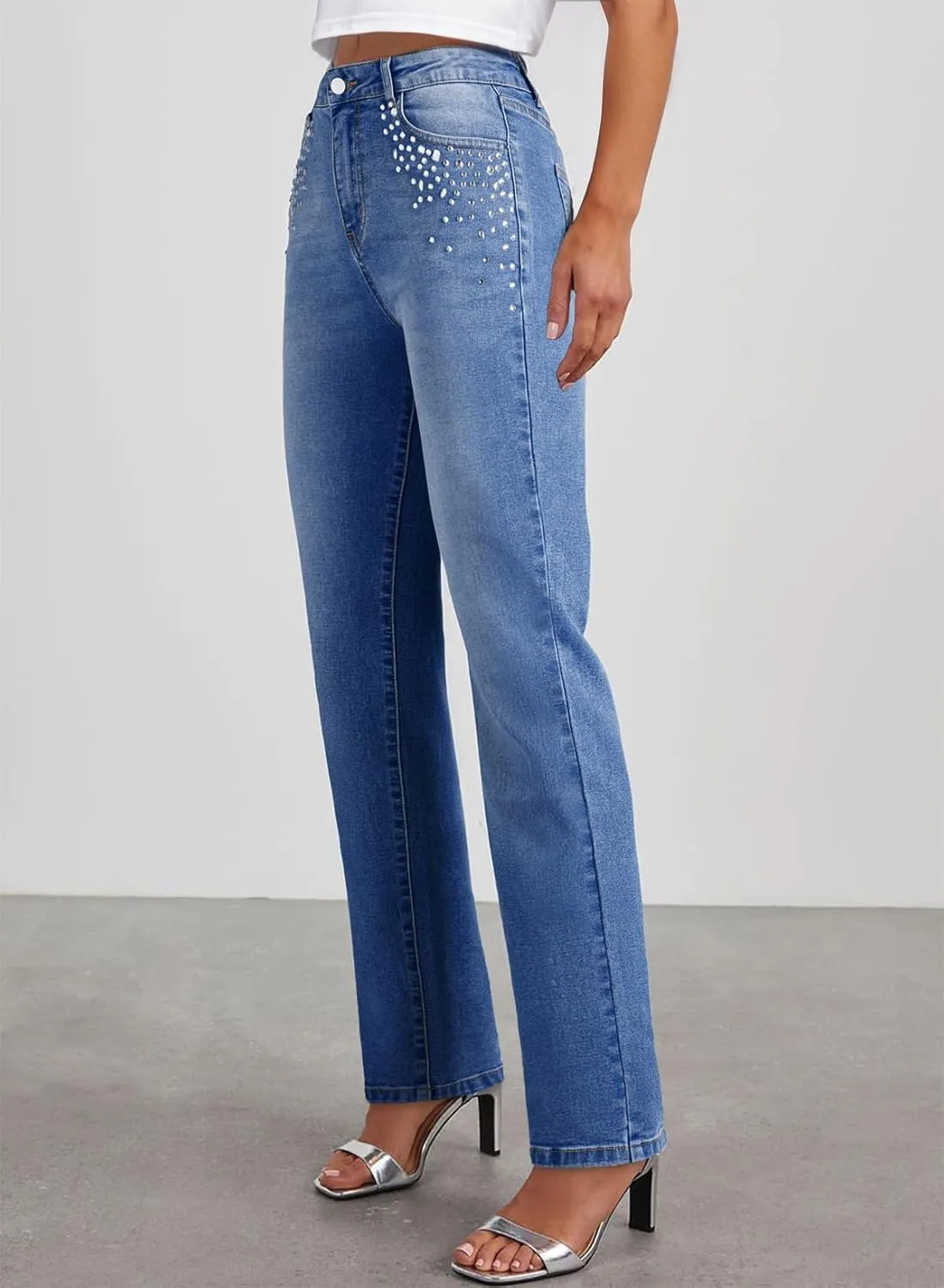 Sidefeel Women's Straight Leg Jeans High Waisted Stretchy Rhinestone Wide Leg Denim Pants