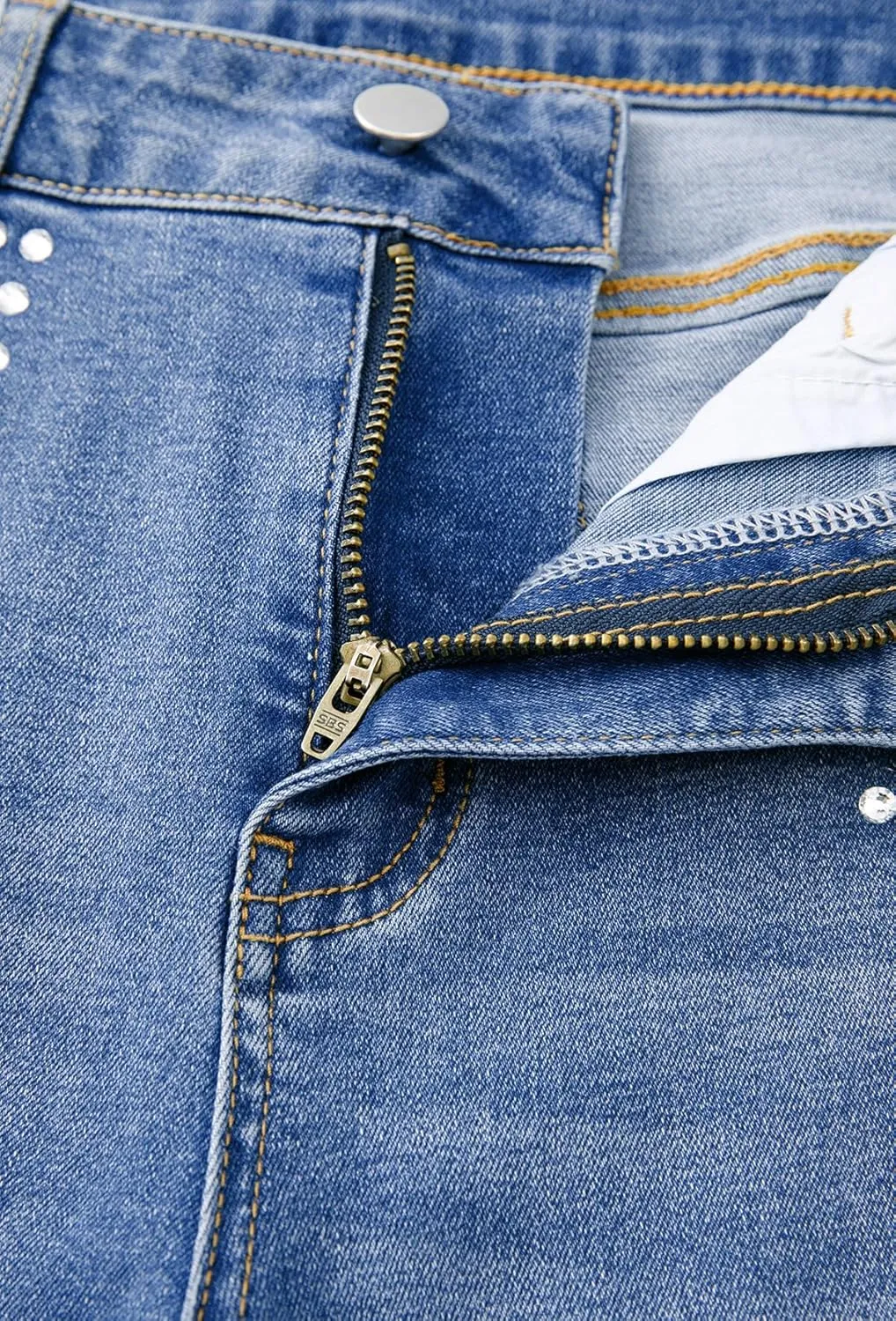Sidefeel Women's Straight Leg Jeans High Waisted Stretchy Rhinestone Wide Leg Denim Pants