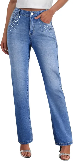 Sidefeel Women's Straight Leg Jeans High Waisted Stretchy Rhinestone Wide Leg Denim Pants