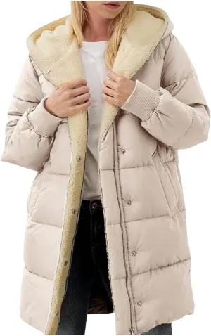 Sinzelimin Women Hooded Parka Jackets Fleece Lined Thickened Down Jacket Winter Hooded Puffy Packable Jacket Warm Puffer Coat