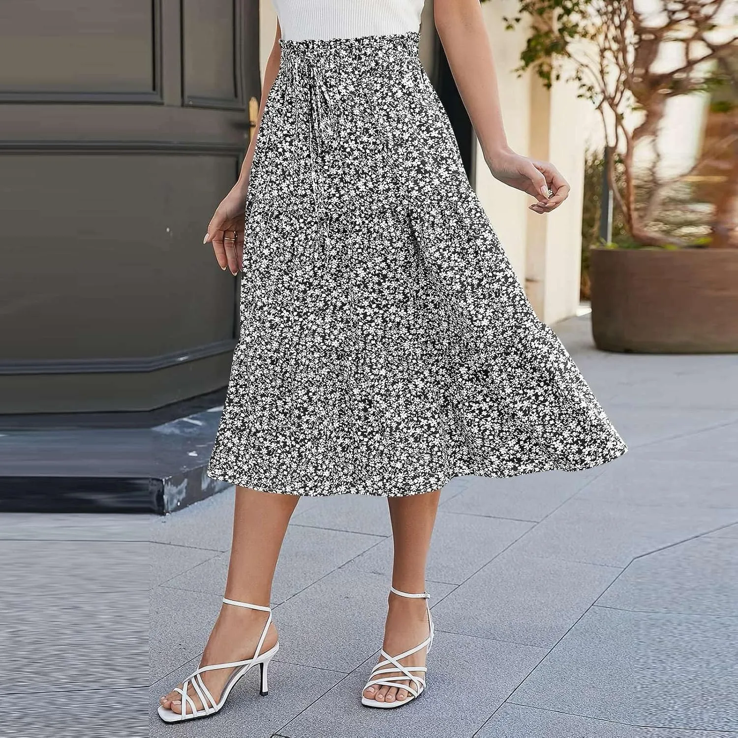 Skirts for Women 2025 Boho Floral Maxi Skirt Elastic High Waist Pleated Flowy A Line Beach Long Skirts