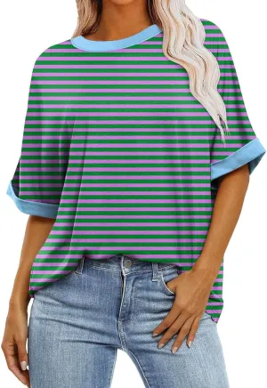 slqdgmryz Half Sleeve Tops for Women Crew Neck Oversized Striped Shirt Casual Cute Elbow Length Tee Shirts Dressy Blouses