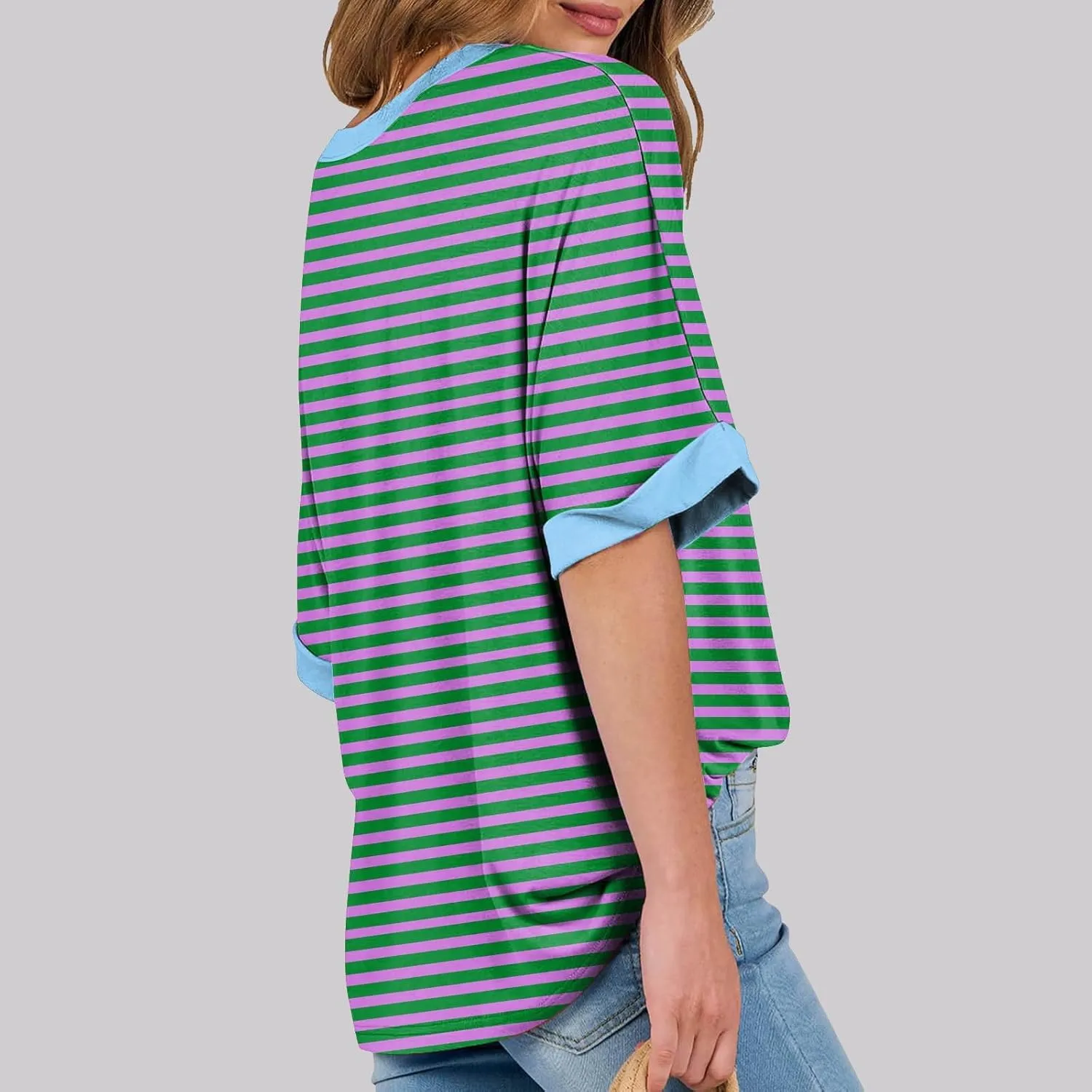 slqdgmryz Half Sleeve Tops for Women Crew Neck Oversized Striped Shirt Casual Cute Elbow Length Tee Shirts Dressy Blouses