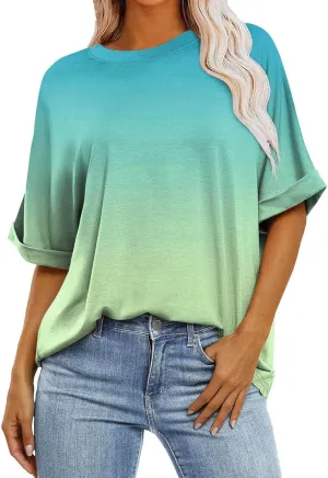 slqdgmryz Half Sleeve Tops for Women Crew Neck Oversized Striped Shirt Casual Cute Elbow Length Tee Shirts Dressy Blouses