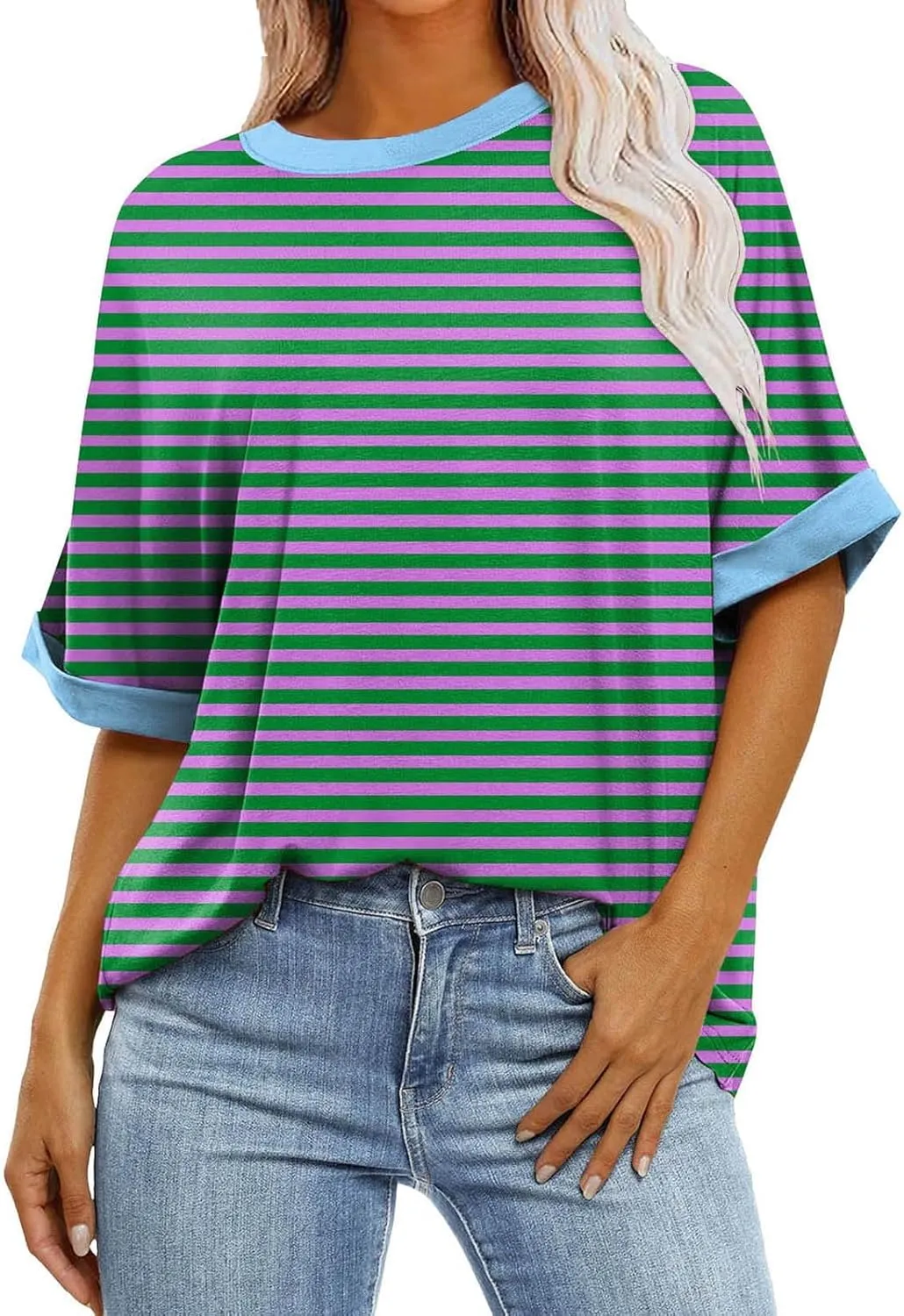 slqdgmryz Half Sleeve Tops for Women Crew Neck Oversized Striped Shirt Casual Cute Elbow Length Tee Shirts Dressy Blouses