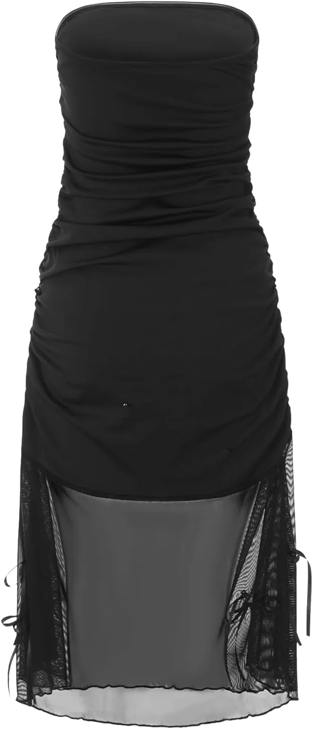 SOLILOQUY Y2k Fairy Strapless Mini Dress for Women Retro Bandeau Tube Top Bodycon Party Dress Evening Cocktail Short Dress