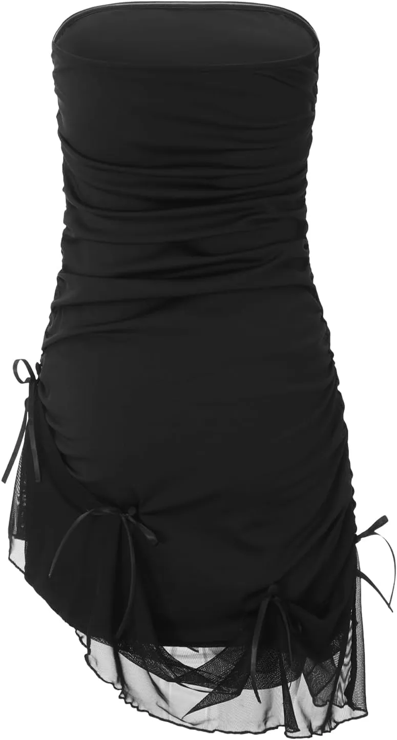 SOLILOQUY Y2k Fairy Strapless Mini Dress for Women Retro Bandeau Tube Top Bodycon Party Dress Evening Cocktail Short Dress