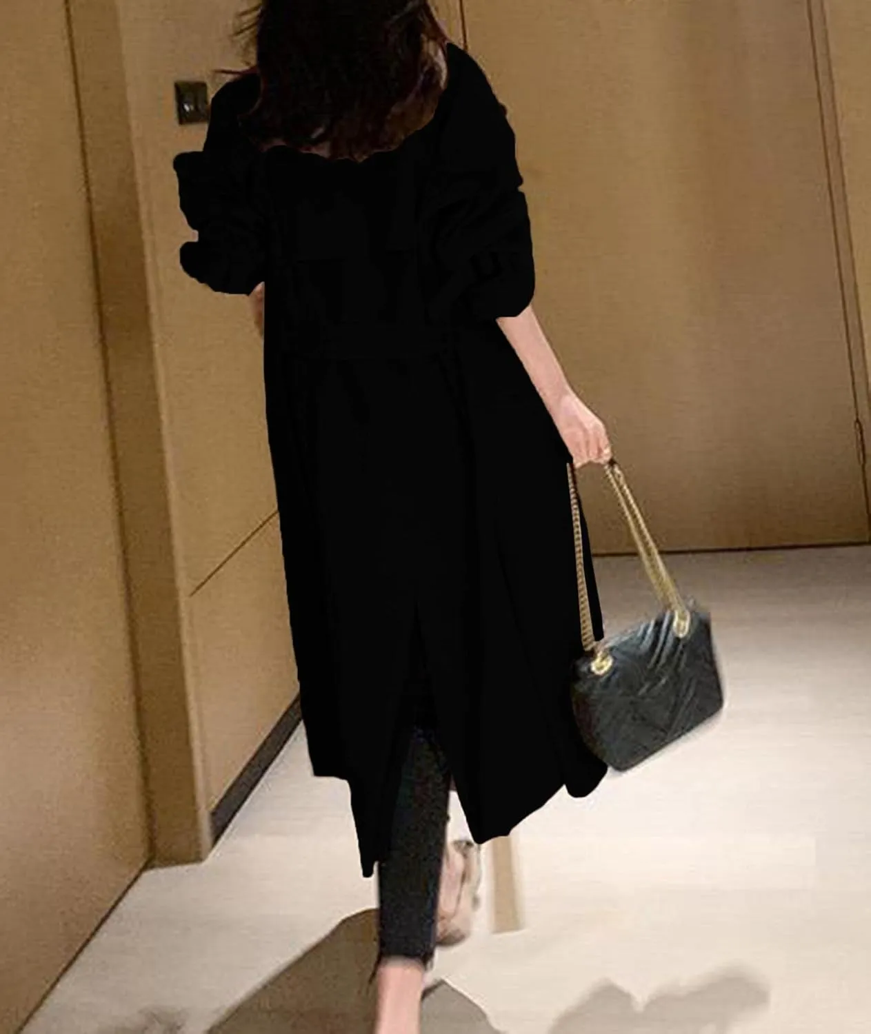 SOMTHRON Women's Double Breasted Long Trench Coat Belted Notch Lapel Overcoat Windproof Classic Outerwear
