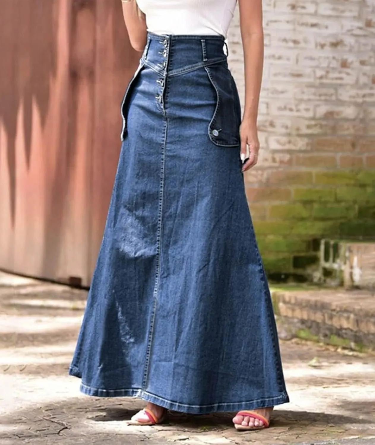 SOMTHRON Women's Retro Denim Skirt High Waist Bodycon A Line Flare Swing Ruffle Jean Long Maxi Skirt