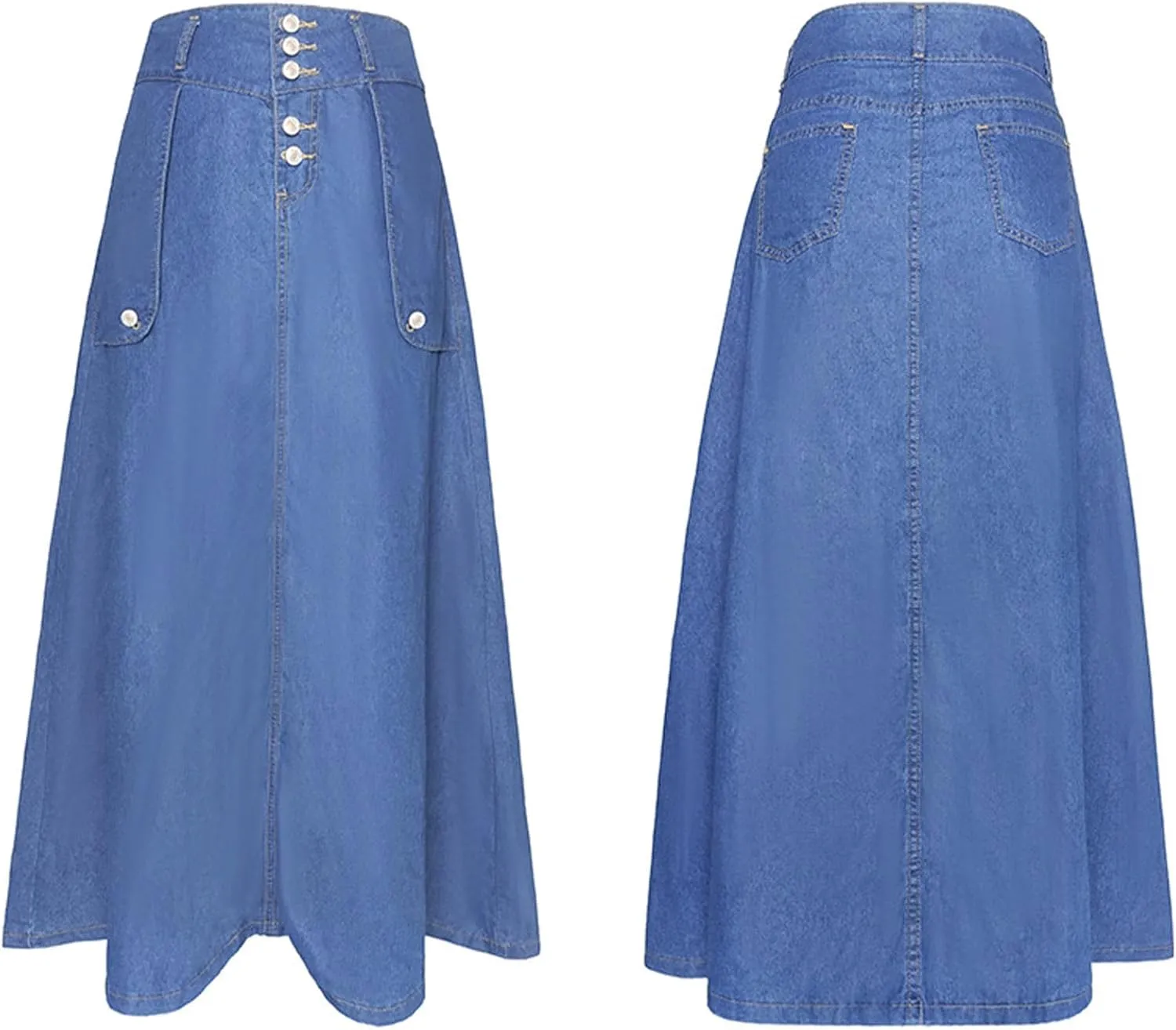 SOMTHRON Women's Retro Denim Skirt High Waist Bodycon A Line Flare Swing Ruffle Jean Long Maxi Skirt
