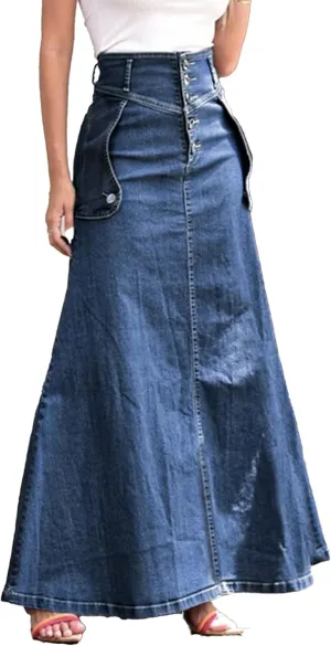 SOMTHRON Women's Retro Denim Skirt High Waist Bodycon A Line Flare Swing Ruffle Jean Long Maxi Skirt