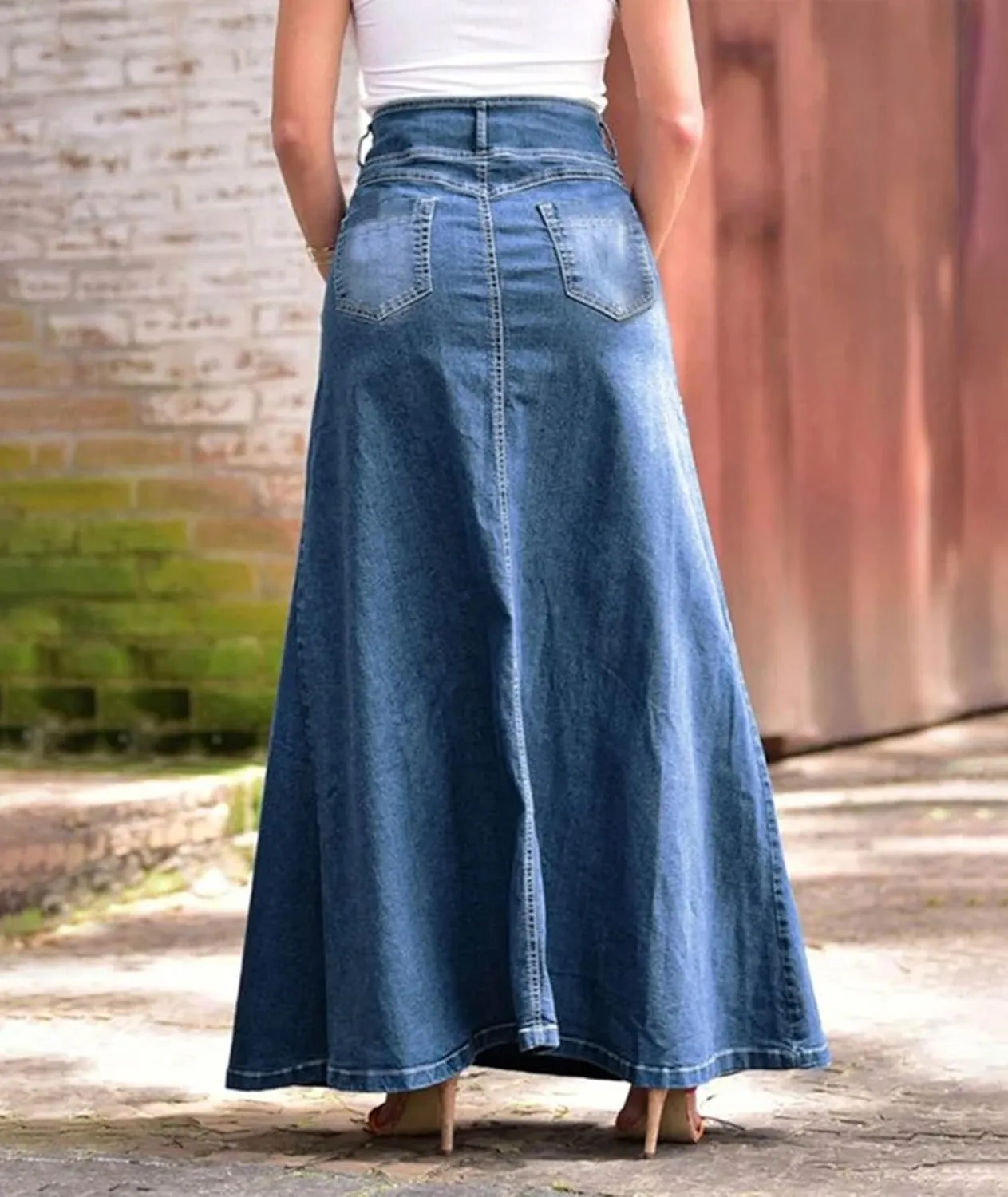SOMTHRON Women's Retro Denim Skirt High Waist Bodycon A Line Flare Swing Ruffle Jean Long Maxi Skirt