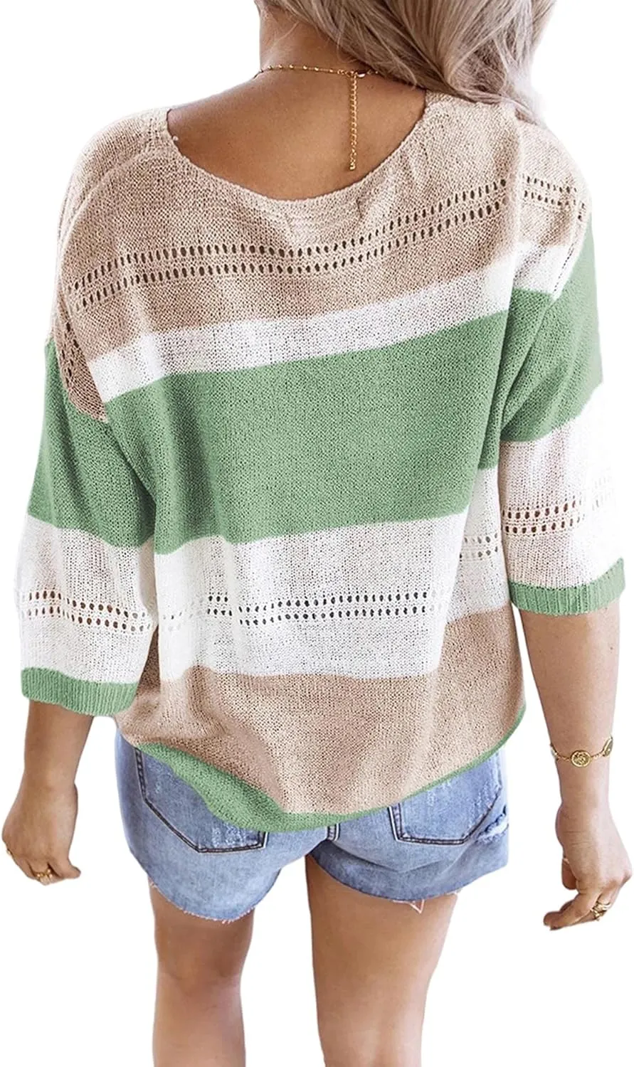 SOMTHRON Women's Summer Color Block Striped Sweaters 3/4 Sleeve Lightweight Comfy Cable Knit Beach Pullover Tops