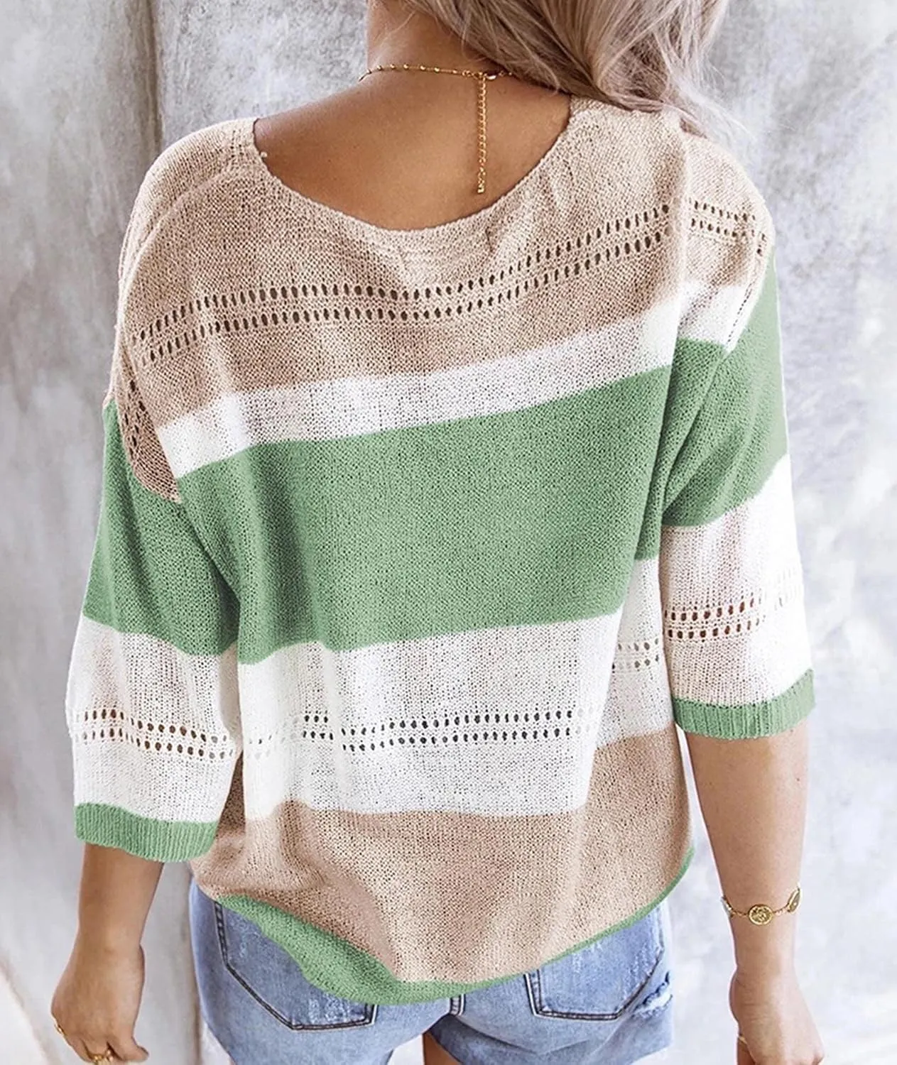SOMTHRON Women's Summer Color Block Striped Sweaters 3/4 Sleeve Lightweight Comfy Cable Knit Beach Pullover Tops