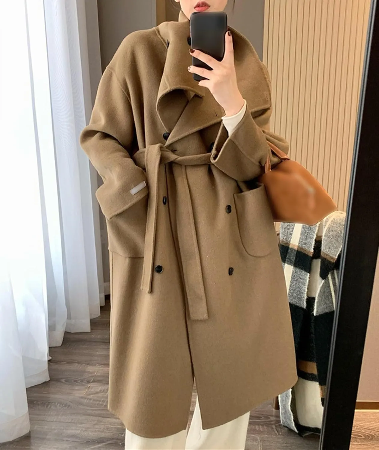 SOMTHRON Women's Winter Trench Coat Wool Blend Double Breasted Stand Collar Belted Jacket Mid Long Pea Coat Overcoat