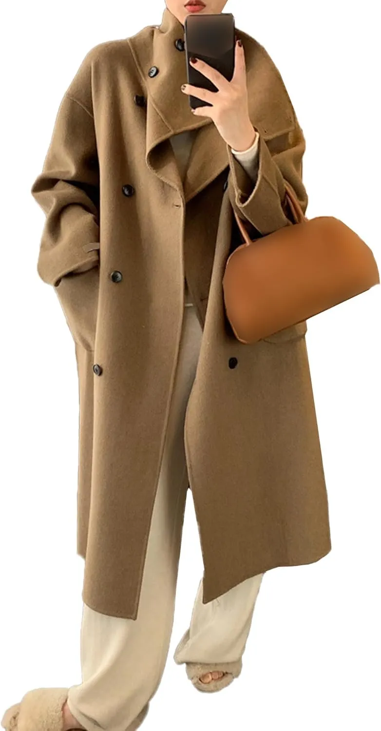 SOMTHRON Women's Winter Trench Coat Wool Blend Double Breasted Stand Collar Belted Jacket Mid Long Pea Coat Overcoat