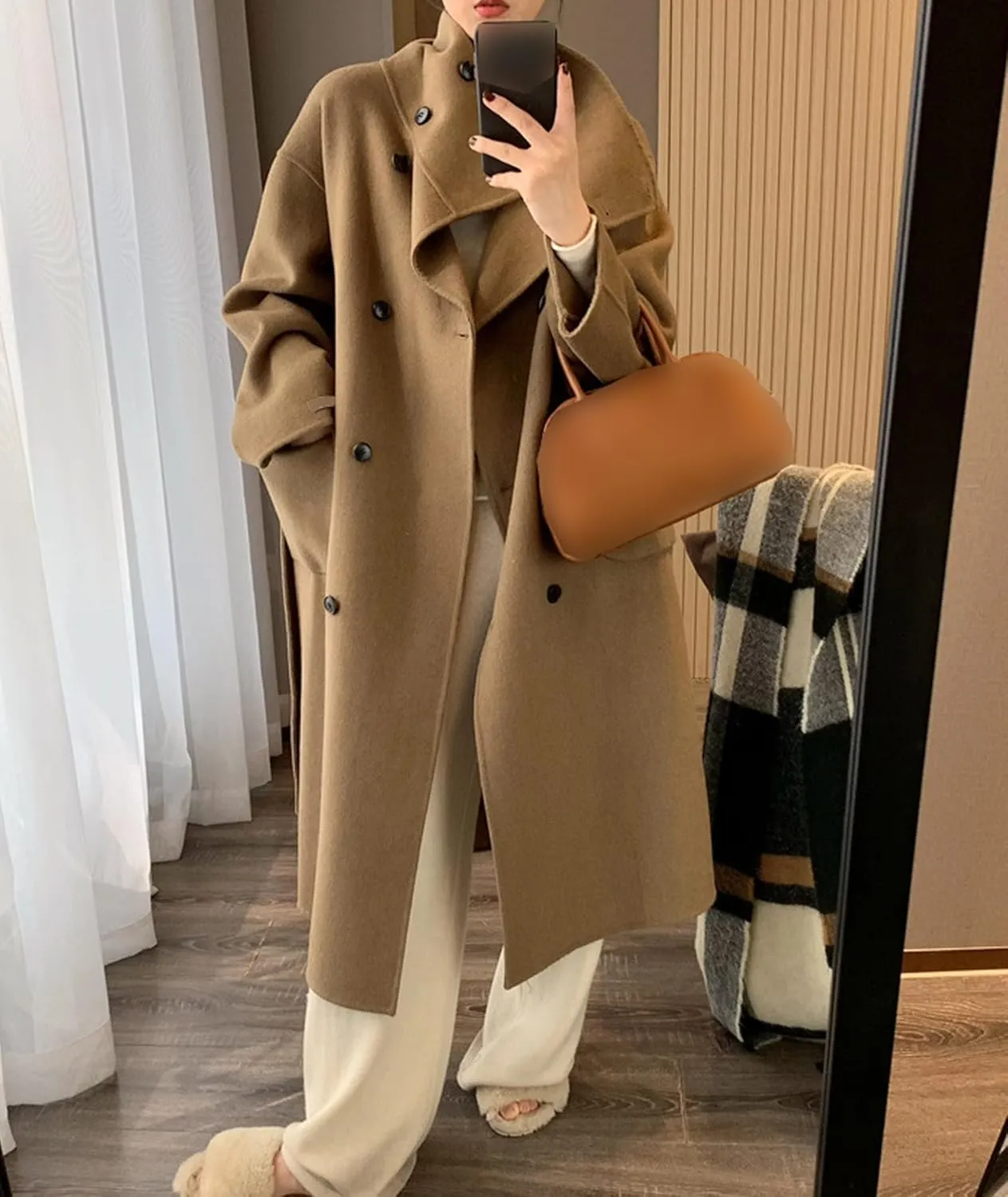 SOMTHRON Women's Winter Trench Coat Wool Blend Double Breasted Stand Collar Belted Jacket Mid Long Pea Coat Overcoat