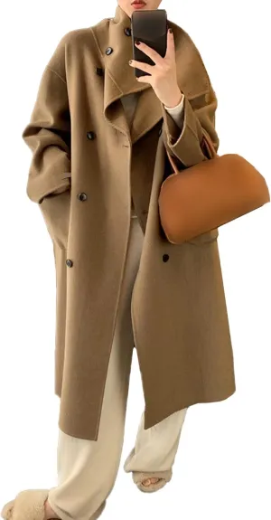 SOMTHRON Women's Winter Trench Coat Wool Blend Double Breasted Stand Collar Belted Jacket Mid Long Pea Coat Overcoat