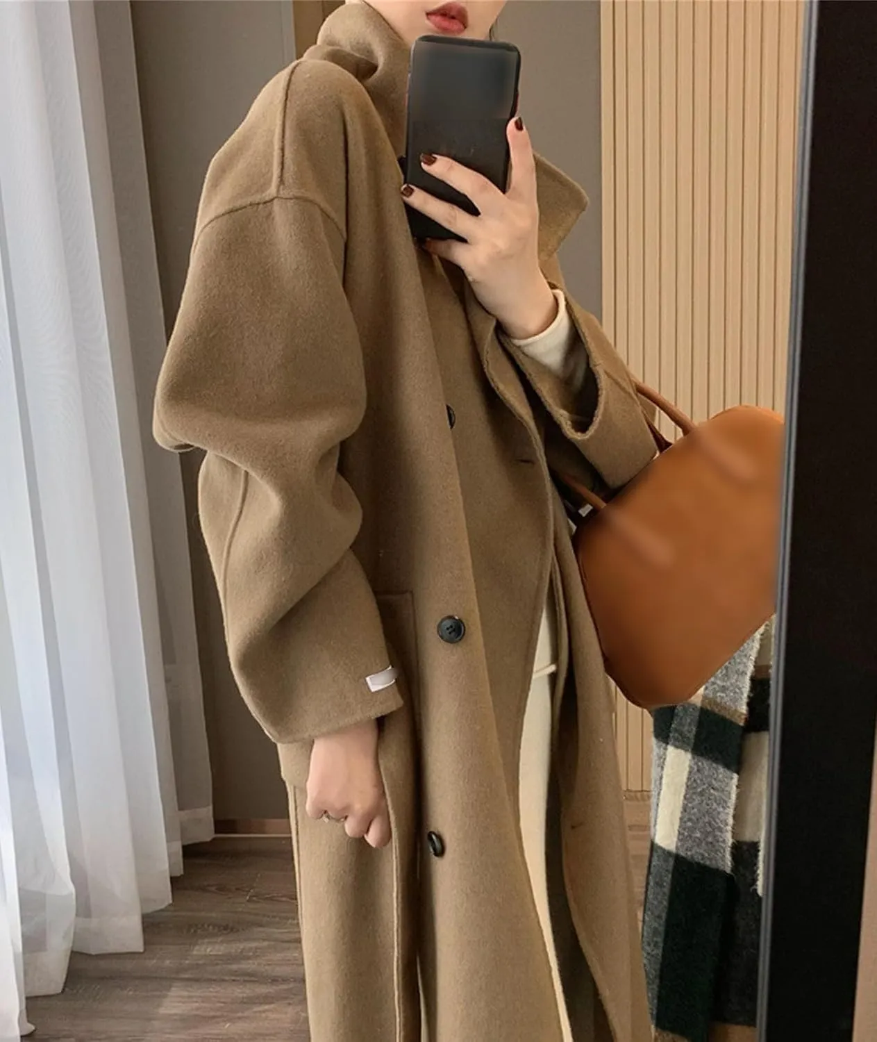 SOMTHRON Women's Winter Trench Coat Wool Blend Double Breasted Stand Collar Belted Jacket Mid Long Pea Coat Overcoat