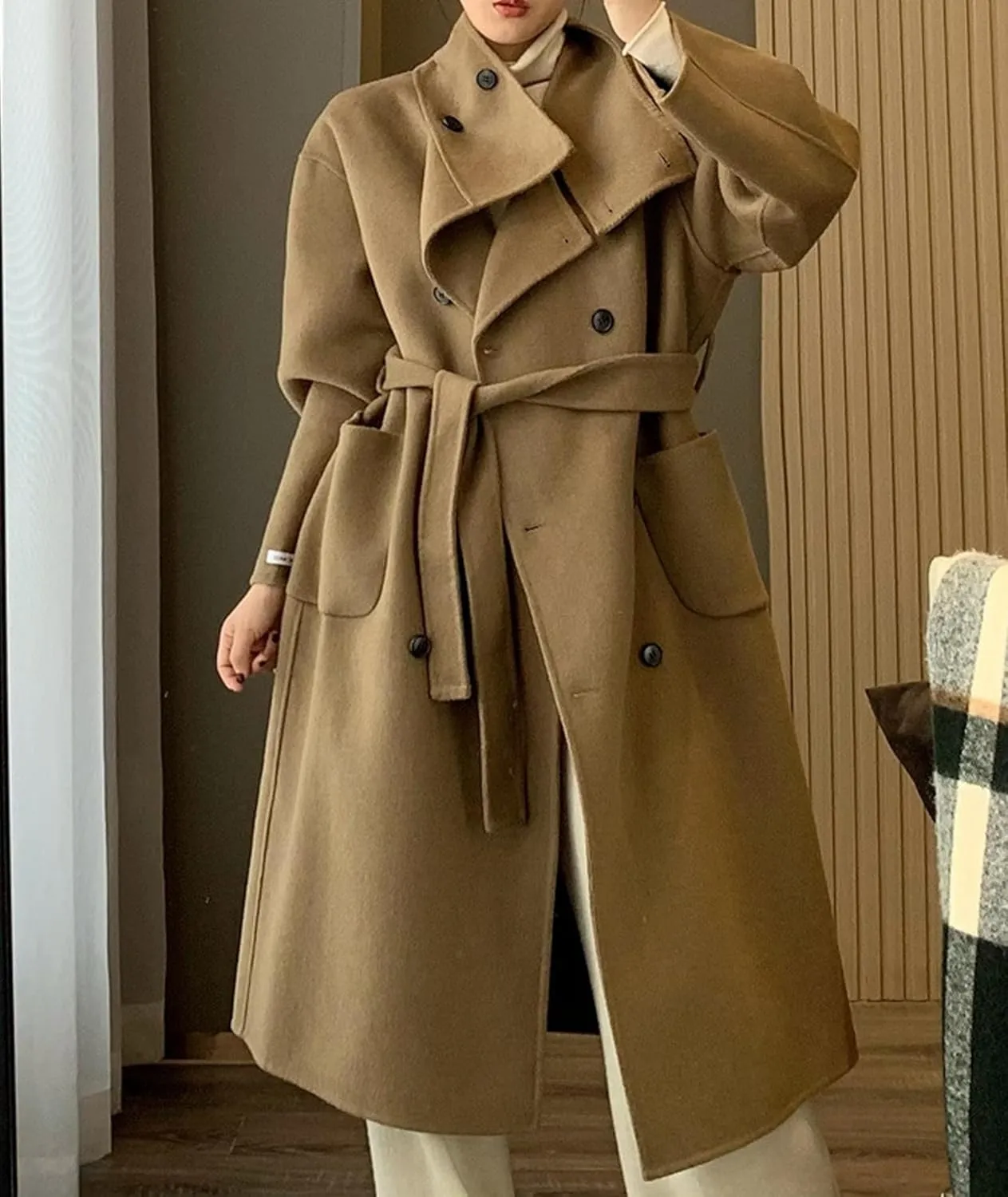 SOMTHRON Women's Winter Trench Coat Wool Blend Double Breasted Stand Collar Belted Jacket Mid Long Pea Coat Overcoat