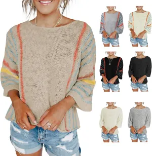 Striped Cable Knit Sweater - Women's Fall Sweaters with 3/4 Sleeves