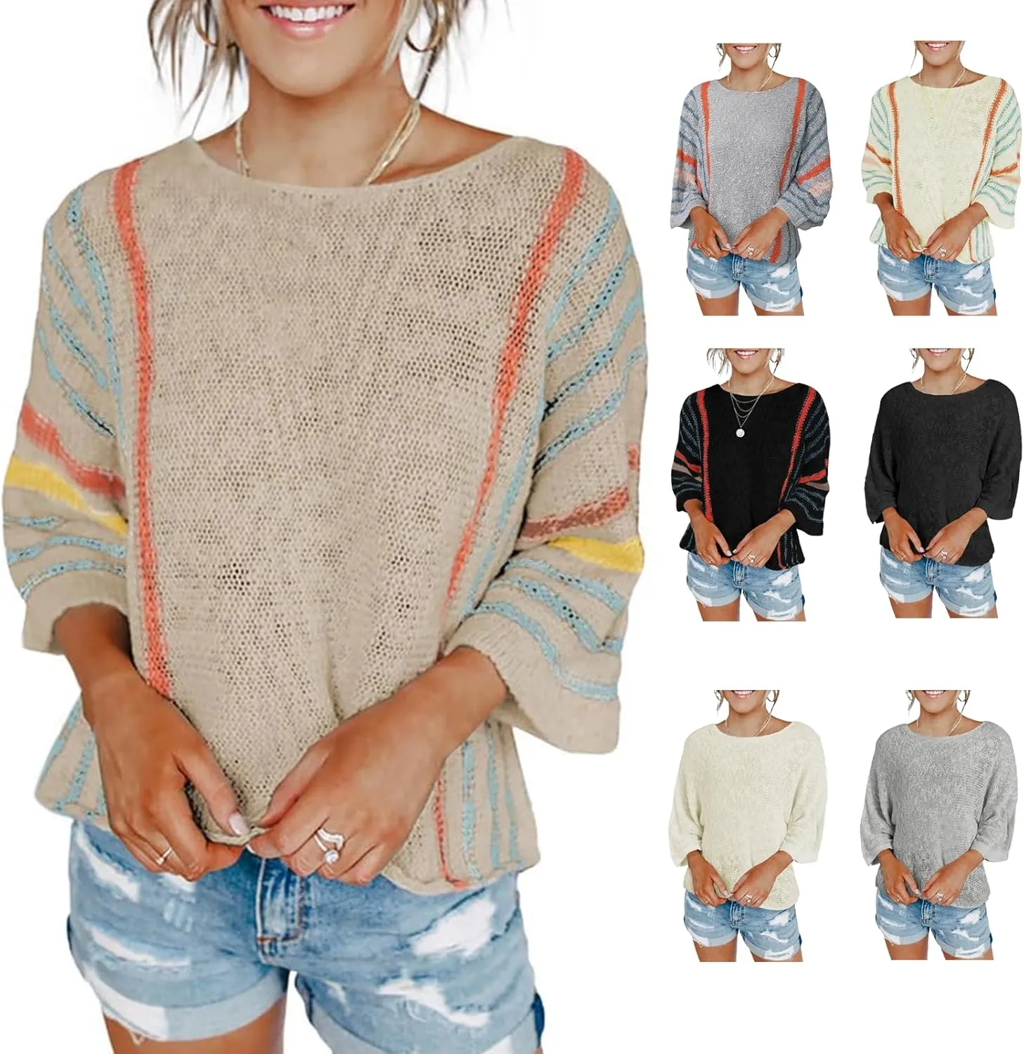 Striped Cable Knit Sweater - Women's Fall Sweaters with 3/4 Sleeves