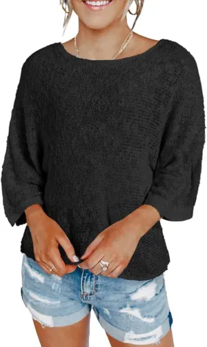 Striped Cable Knit Sweater - Women's Fall Sweaters with 3/4 Sleeves