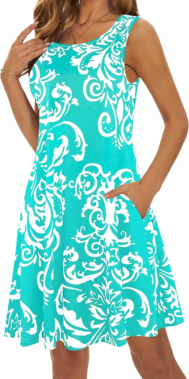 Summer Dresses for Women 2025 Casual Sundresses Beach Cover Ups Sleeveless Tshirt Swing Dress with Pockets