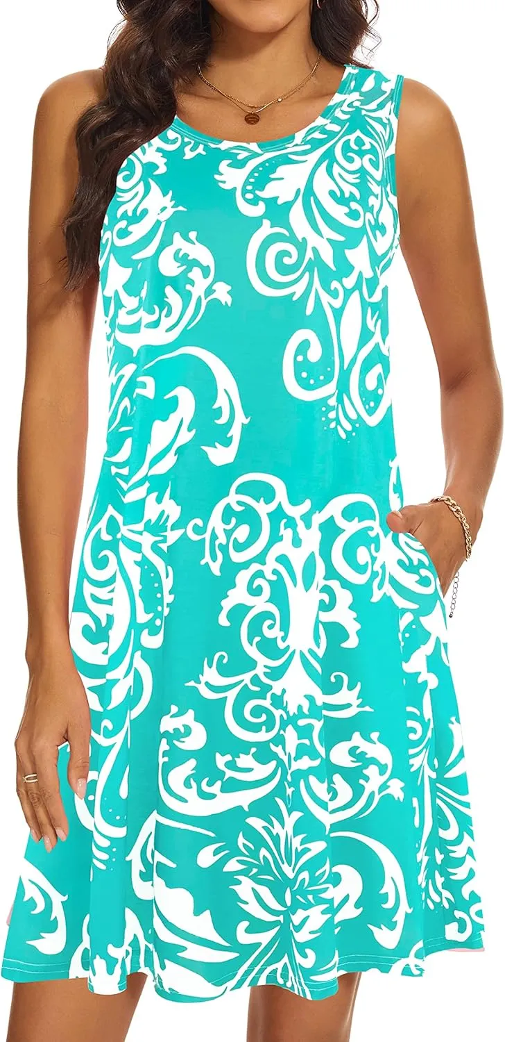 Summer Dresses for Women 2025 Casual Sundresses Beach Cover Ups Sleeveless Tshirt Swing Dress with Pockets
