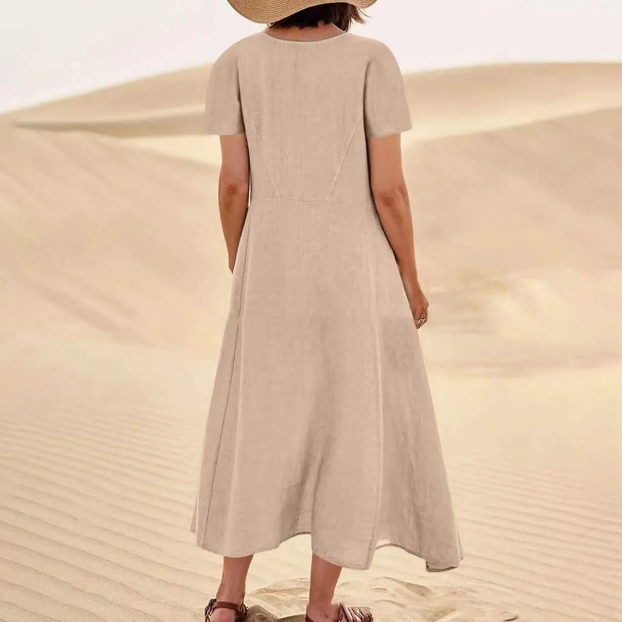 Summer Dresses for Women 2025 Flowy Cotton Linen Tshirt Dress Beach Vacation Maxi Short Sleeve Sundress with Pockets